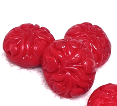 4 Vintage Cherry Red Art Glass Beads Raised Tulip Beads 3/4L x 5/8W 2 Sided - $12.38