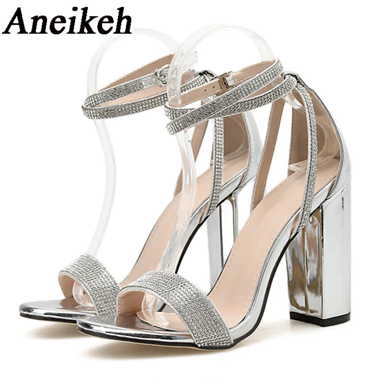 Aneikeh Silver -Up Bling Crystal  Women Sandals Square Heel Buckle Strap Gladiat - £63.43 GBP