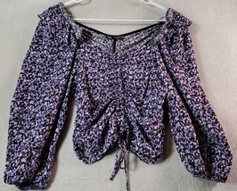 Zara Blouse Top Women Medium Purple Black Floral 100% Viscose Ruched Back Zipper - £9.75 GBP
