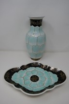 Nora Fenton Design Hand Decorated Asian Turquoise Gilt Lotus Plate &amp; Vase - £71.93 GBP