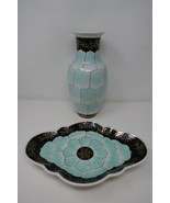 Nora Fenton Design Hand Decorated Asian Turquoise Gilt Lotus Plate &amp; Vase - £70.78 GBP