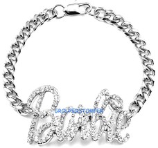 New Iced Out With Crystal Rhinestones Metal ID Barbie Thick Link Bracelet - £13.38 GBP