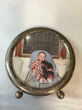 Vintage Round Silverplate Frame with 2 Round Feet Blue Velvet Back - $13.44