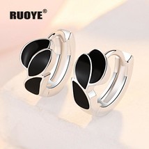 Classic Silver Color Hoop Earrings Black Leaf Earring For Women Fashion New Jewe - £10.23 GBP