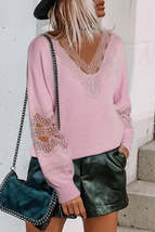 Pink Hollowed Lace Splicing V Neck Loose Sweater - £25.72 GBP+