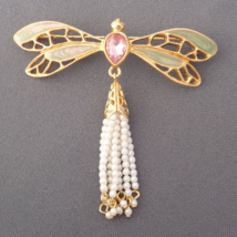Vintage Big Dragonfly Brooch by Avon Pink Rhinestone Enamel Dangle Pearl... - $29.99