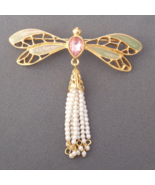 Vintage Big Dragonfly Brooch by Avon Pink Rhinestone Enamel Dangle Pearl Tassel - £23.88 GBP