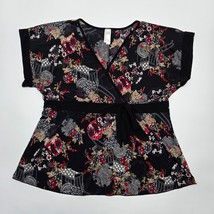 Pink Eli Black Floral Wrap Short Sleeve M Blouse Top Shirt Medium  - £11.56 GBP