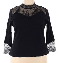 The Pyramid Collection 1X Top Black Lace Ribbed Knit Shirt Stretch Floral Blouse - £38.25 GBP