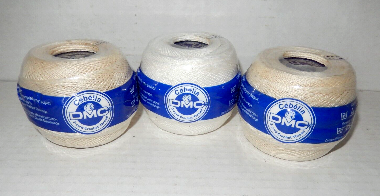 3 Cabelia DMC 3 Cord Crochet Thread Size 20 & 30 White & 712 Cream 415-569 Yards - $14.99