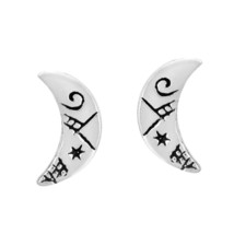 Mystical Symbols on Crescent Moon-Shaped Sterling Silver Stud Earrings - £6.99 GBP