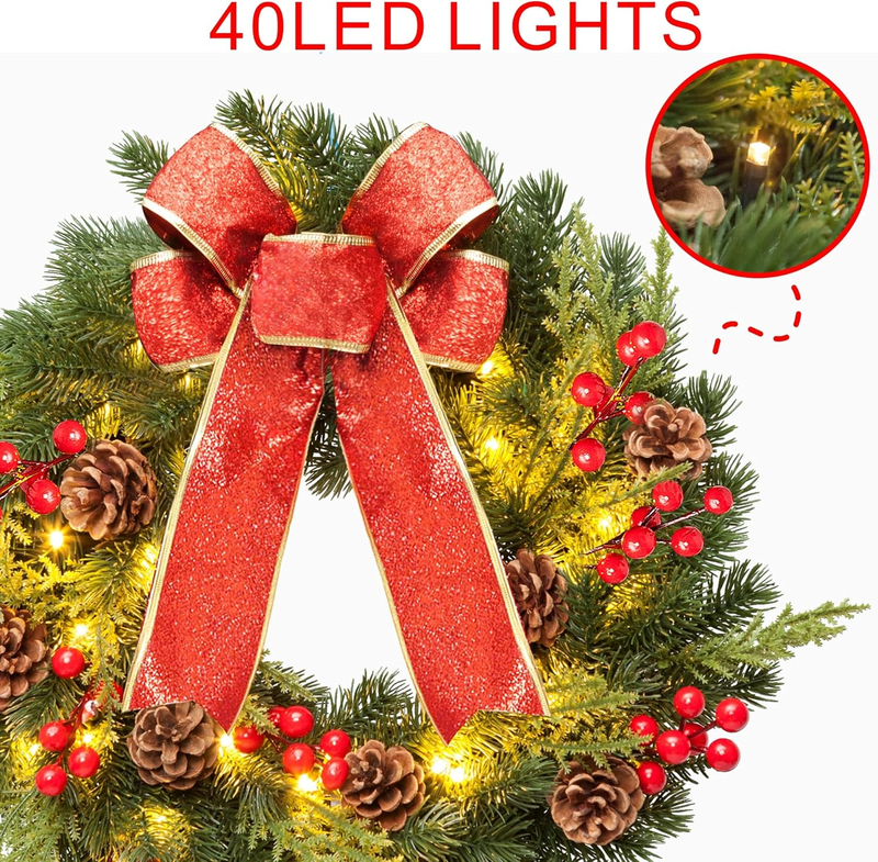 Christmas Wreath 16 Inches, with Metal Hanger, Pre-Lit Artificial Christmas Fron Item image 2
