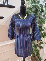 Mud Pie Women&#39;s Blue Striped Cotton Long Ruffle Sleeve Knee Length Dress Size M - £26.11 GBP