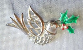 Festive Enamel Peace Dove with Holly Silver-tone Christmas Brooch 1980s vintage - £10.18 GBP