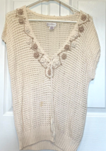 Kyouko Design Studio Vintage Crochet Sweater Women XL Cream V-Neck Florals VTG - £13.45 GBP