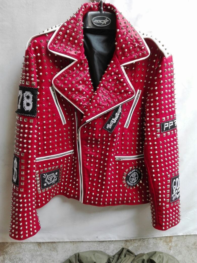 NEW MEN'S PHILIP PLEIN RED STUDDED EMBROIDERY PATCHES LEATHER COAT JACKET