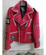 NEW MEN'S PHILIP PLEIN RED STUDDED EMBROIDERY PATCHES LEATHER COAT JACKET - $350.99