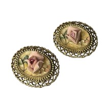 Antique Rose Earrings, Vintage Antique Enamel Pink Flowers Gold Clip-on Jewelry  - $64.35