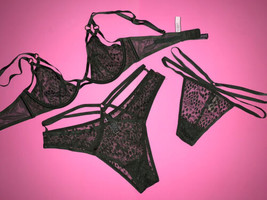 Victoria&#39;s Secret Unlined 36C Bra Set L Thong Panty Green Lace Strappy Gold Ring - £71.43 GBP