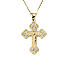 Solid 14k Yellow Gold Diamond Eastern Orthodox Cross Crucifix Pendant Necklace - £239.72 GBP+
