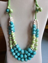 Vintage Turquoise / Kiwi / White 3-Strand Wooden Bead Necklace, Adj. to ... - $14.95