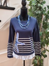 Crown &amp; Ivy Womens White Navy Striped Beaded Round Neck Long Sleeve Top Blouse M - £20.24 GBP