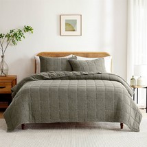 Full/Queen 3 Piece Cotton Faded Stone Washed Lightweight Quilt Set Green - $269.99