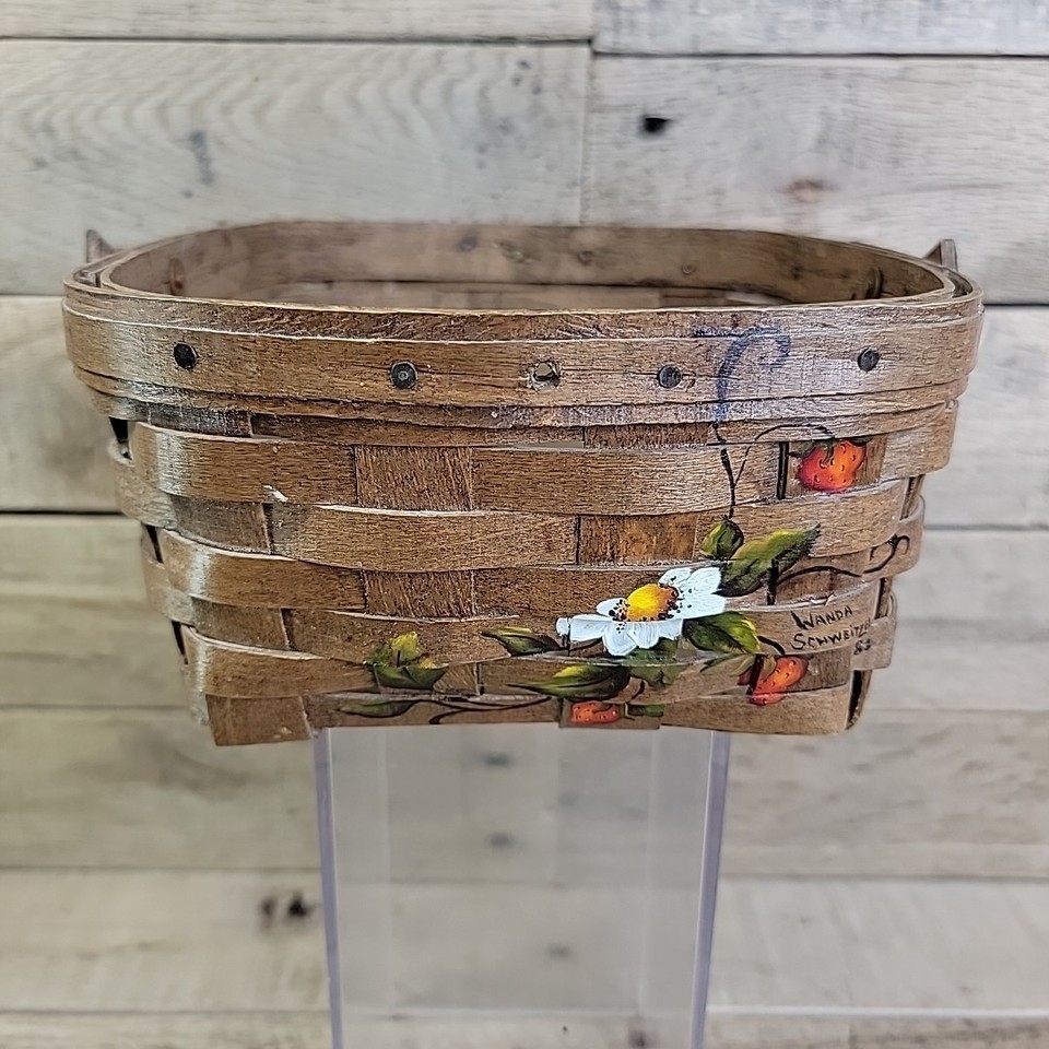 Hand Painted Woven Basket W Handle White Flower &amp; Strawberries Wanda Sch... - $14.06