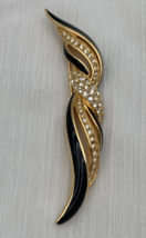 Vtg Gold Swan Swarovski Crystal Black Enamel Rhinestone Gold Tone Brooch Pin - £40.95 GBP