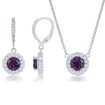 Sterling Silver February Birthstone CZ Border Round Earrings and Necklace Set - £75.05 GBP