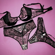 Victoria&#39;s Secret 32D,36C,36D,36DD BRA SET peek-a-boo Black beige embroidered - £77.85 GBP