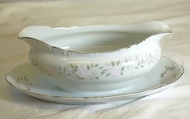 Sheffield Classic Gravy Boat Attached Underplate Pink Roses on Rim Green Leaves - £23.35 GBP