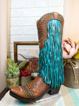 Rustic Western Country Faux Leather Cowgirl Boot Vase W/ Turquoise Frill Fringe - £28.46 GBP