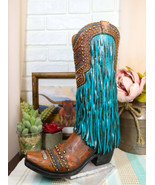 Rustic Western Country Faux Leather Cowgirl Boot Vase W/ Turquoise Frill... - $48.88 CAD