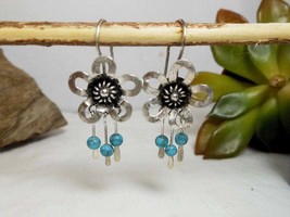 925 Sterling Silver Blue Daisy Drop Earrings, Handmade Women Turquoise Earrings - £22.03 GBP