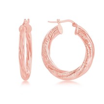 Sterling Silver Twist Design 30mm Hoop Earrings - Rose Gold Plated - £55.60 GBP