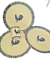 Tienshan Folkcraft Rooster Stoneware Blue Sponge Set 3 Dinner Plates  coffee mug - £7.78 GBP