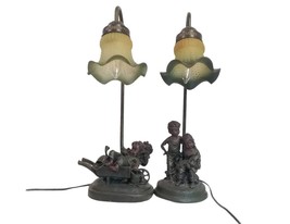 Pair of spelter table lamps. Boy and girl, boy in apple cart. Glass tuli... - $459.23
