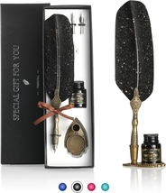 Vintage Feather Quill Pen Set with Ink and Replacement Nibs (Black) - £17.77 GBP