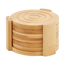 Set Of 6 Bamboo Wood Coasters With Holder For Coffee Table Hot Drinks 4.3 In - £26.87 GBP