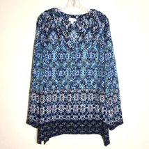 J Jill Top Size L Blue Black Mixed Print Split Neck Tunic Long Sleeve Si... - $297.73 MXN