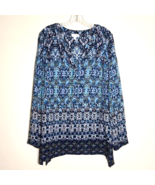 J Jill Top Size L Blue Black Mixed Print Split Neck Tunic Long Sleeve Si... - $297.73 MXN