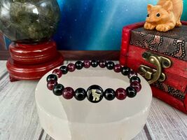 Aries Zodiac Bracelet: Garnet &amp; Black Obsidian Gemstone Beads - $27.74