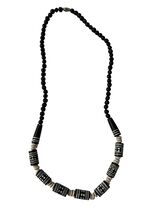 Vintage Black and White Beaded Necklace Tribal Pattern Barrel Beads 18 Inch - $21.60