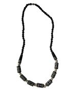 Vintage Black and White Beaded Necklace Tribal Pattern Barrel Beads 18 Inch - $21.60