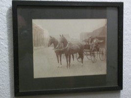 Old Photo Horse Drawn Carriage Surrey Downtown Cobble Stone Street Bw Photograph - £51.83 GBP