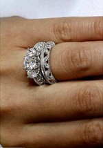 Wedding Ring Set 2.80Ct Round Cut Three Simulated Diamond 14k White Gold Size 7 - £243.13 GBP