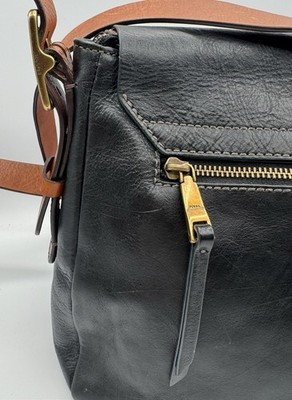 Fossil Harper Crossbody Bag Black Cow Hide Leather Large Flap Brass Key Saddle Item image 6