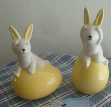 Easter Set 2  Bunny Rabbit w Yellow Egg Tabletop Miniature Ceramic Figur... - $10.00