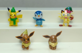 Pokemon Holiday Piplup Meowth Pikachu Figures Christmas Hat Eevee lot 5 - $19.59